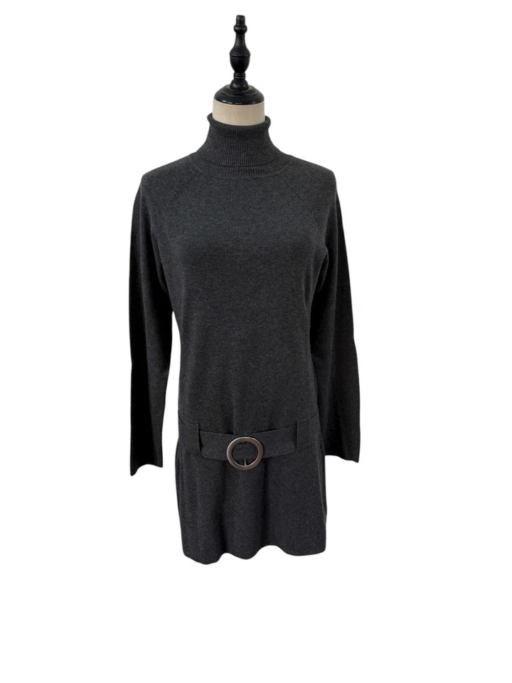Vtg Y2K Grey Sweater Dress Turtle Neck Mod Mini Sz L Knit Retro 60s Style Boho - Image 1 of 4
