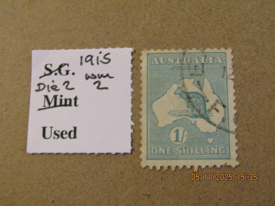 AUSTRALIA KANGAROO SG 28 1/- BLUE GREEN DIE 2 WMK.2/SG WMK No 5 USED - Image 1 of 1