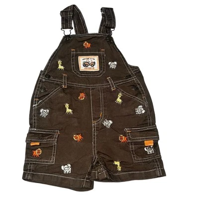 Welcome to the Jungle embroidered boys brown shortalls zoo animals size 24mon - Image 1 of 4
