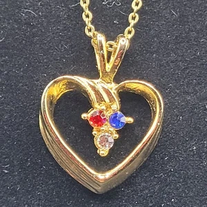 Vintage Gold Herz Anhänger Halskette blau rot klare Steine romantisch Modeschmuck - Bild 1 von 10