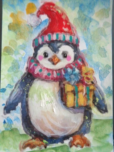 ATC ACEO - VACACIONES NAVIDAD INVIERNO PINQUIN Arte Foto 1 de 1