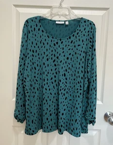 Top túnica de punto líquido SUSAN GRAVER para mujer 1X verde negro manga larga puños acanalados - Imagen 1 de 6