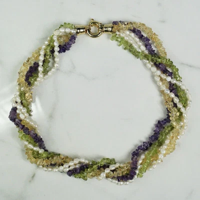 Collar Torsade Perlado Citrino Amatista Peridoto Perlado Genuino Blanco Cierre Tono Dorado Foto 1 de 4