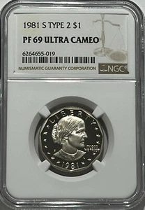 1981 S $1 TYPE 2 NGC PF69 ULTRA CAMEO PROOF SUSAN B. ANTHONY DOLLAR SBA FLAT S  - Picture 1 of 3