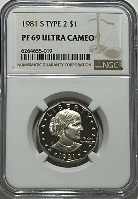 1981 S $1 Type 2 NGC PF69 Ultra Cameo Proof Susan B. Anthony Dollar SBA Flat S - Image 1 of 3