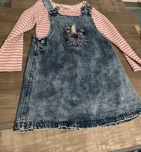 Little Lass Girls Overall Dress w/ Unicorn Pocket Long Sleeve Striped Top Sz 5 - Picture 1 of 9
