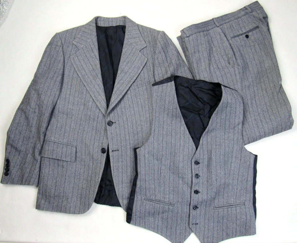 Vtg 1970s Yves Saint Laurent 3Pc Pinstripe Suit Jacket Pants Vest 38S / 34x29.5 - Image 1 of 4