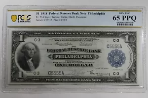 1918 $1 PCGS CU65PPQ FR.714 F.R.B.N. PHILADELPHIA SERIAL NUMBER C5555A - Picture 1 of 2