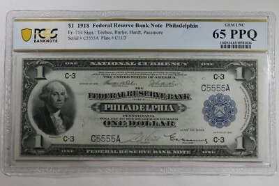 1918 $1 PCGS CU65PPQ FR.714  F.R.B.N. PHILADELPHIA  SERIAL NUMBER C5555A - Image 1 of 2