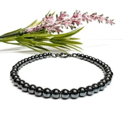 Pulseiras femininas confiantes de contas de pedra preciosa redonda lisa hematita delicada A++ 6-8"" - Imagem 1 de 4