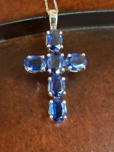 14K White Gold KYANITE CROSS Necklace, 4.75 Cttw, 18" Chain, AUTHENTICITY CERT. - Picture 1 of 17