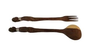 Vintage Hand Carved African Salad Fork And Spoon Ebony Wood Neck Wrapped READ - Picture 1 of 5