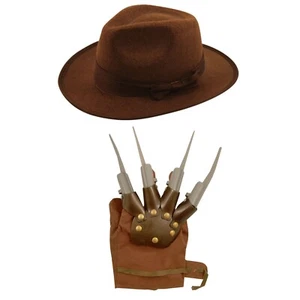 Explorer Hat Brown Claw Hand Glove Freddy Style Adults Unisex Halloween Fancy Dr - Picture 1 of 3