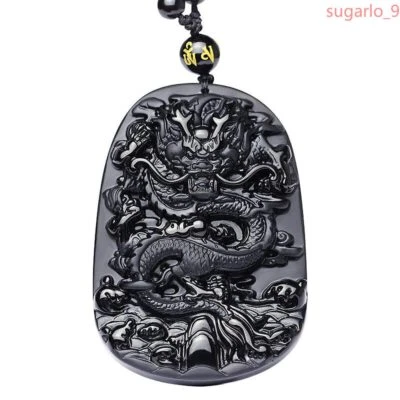 天然黑曜石雕刻龙护身符幸运吊坠项链男士玉首饰 — 第 1/4 张图片