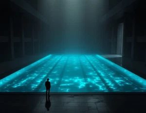 Impresión de póster de hombre de pie junto a una enorme piscina interior brillante por la noche 18 x 24 pulgadas - Imagen 1 de 1