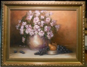 Flowers, Fruit,  Silver 12x16 Framed Original Oil Painting  Celene Farris, Maine - Picture 1 of 2