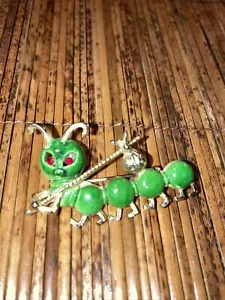 Cute MCM 1 6/8” Green Enamelware Caterpillar With Red Rhinestone Eyes Brooch Pin - Picture 1 of 4