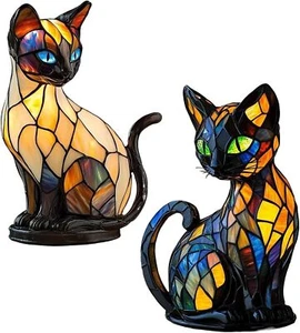 Cat Lamp, Stained Glass Cat Lamp, Retro Cat Stained Resin Table Lamp - Picture 1 of 9