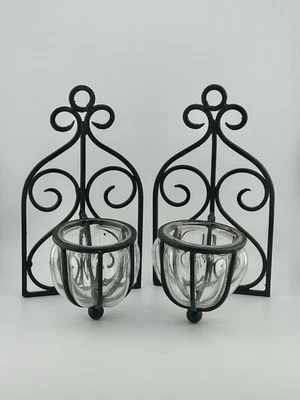 Pair Vintage Scrollwork Wrought Iron Wall Sconces w/ Caged Blown Glass Votive 9″ - Image 1 of 4