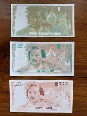 France Set of Three (3) Test Notes 1000 Francs BALZAC Échantillon 1980 AU+ OPC - Image 1 of 4