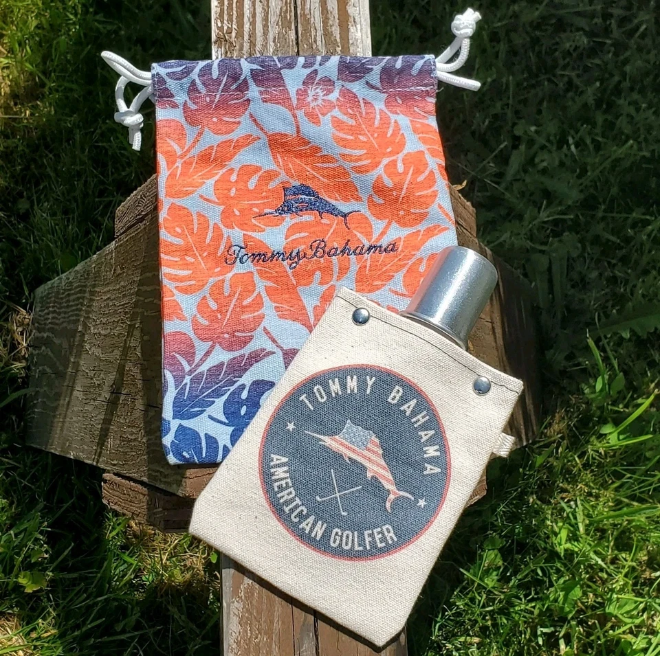 Tommy Bahama Canvas Flask American Golfer & Carrying Pouch Marlin Bag Tote+able - Image 1 of 4
