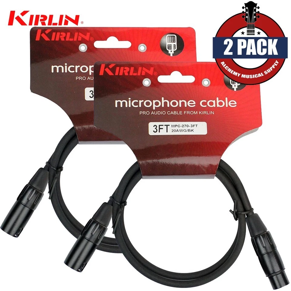 2-PACK Kirlin 3FT XLR M to XLR F 20AWG Microphone Cable Black MPC-270 PB-03/BK - Image 1 of 1