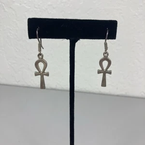 Ankh Cross Earrings Silvertone Dangle Drop Hooks Key Of Life Symbol Hieroglyphic - Picture 1 of 14