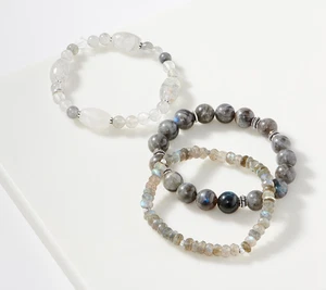 Juego de 3 pulseras elásticas de plata de ley, labradorita y - Imagen 1 de 2
