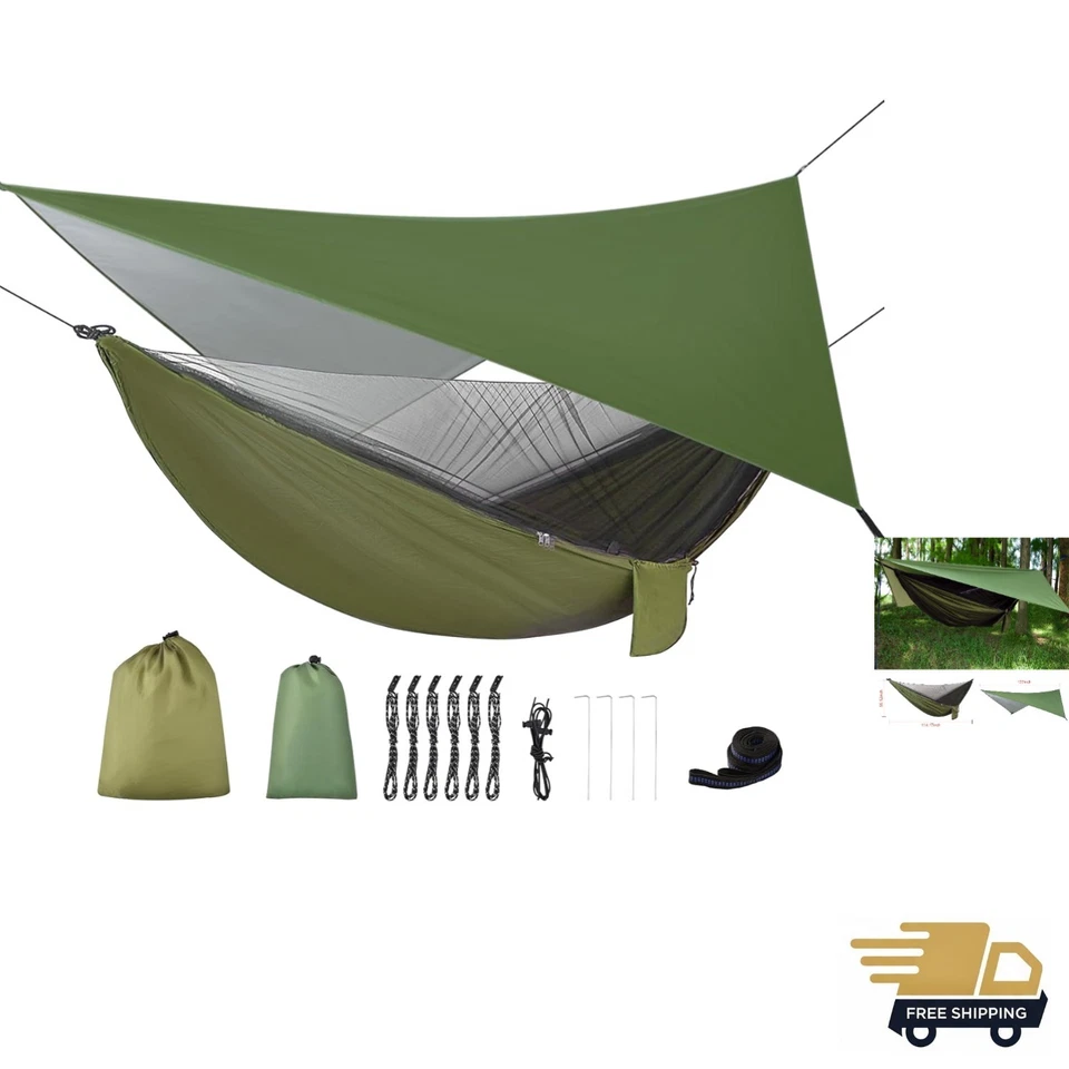 Firiner Camping Hammock With Rain Fly Tarp and Mosquito Net Tent Tree Straps PO