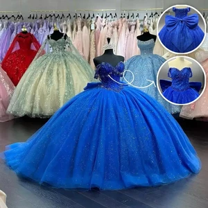 Glitter Tulle Appliques Bow Off Shoulder Beaded Quinceanera Dresses Ball Gowns - Picture 1 of 42