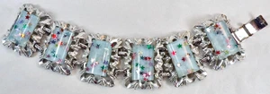 Confetti Lucite Bracelet Powder Blue Glitter Stars Silvertone Metal 1950 Vintage - Picture 1 of 8