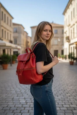 The Sak Women's Red Leather Boho Backpack Adjustable Straps Pockets - Image 1 of 4