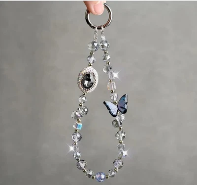 Blue Butterfly White Rhinestone Egg Crystal Sparkling Phone Wristlet Strap Charm - Image 1 of 4