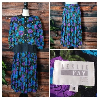 Leslie Fay Two Piece Skirt Set Size 8 Petite Pleated Midi Floral 8P Vintage 80s - Image 1 of 4