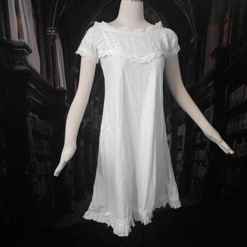 Antiguo Camisón Victoriano Mediados de 1800 Chemise Bordado Volantes Slip Algodón Foto 1 de 4