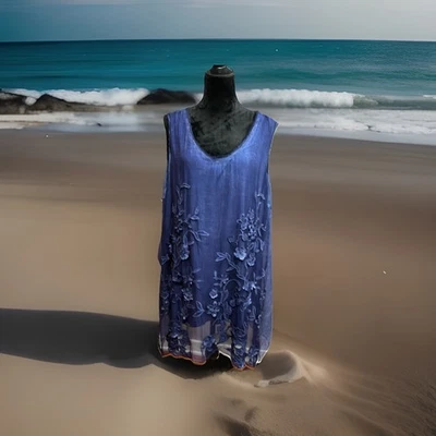 Soft Surroundings Blooming Flowers Size 2x Top 100% Silk Blue Embroidery Tank - Image 1 of 4