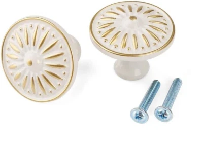 Tiradores de cajón de perilla de gabinete redonda estilo vintage marfil oro Starburst 33 mm 10 piezas Foto 1 de 4