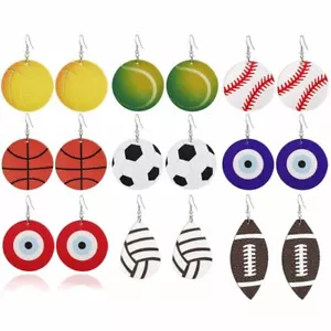 Leather Sport Ball Earrings Drop Dangle Ear Hook Earrings Women Jewelry - Picture 1 of 18