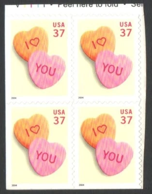 Unused US Postage Block of 37 Cent Stamps CANDY HEARTS I Love You - Image 1 of 2