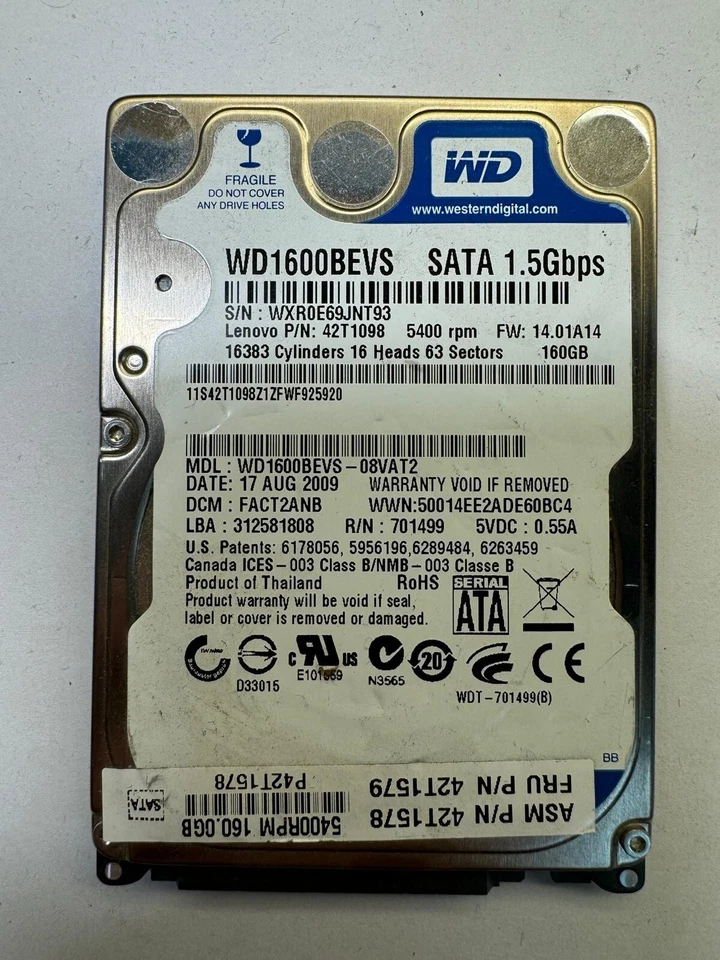 LENOVO 42T1098 WD1600BEVS-08AT2 701499 160 GB 5.4K RPM 1.5Gb/s SATA 2.5" HDD - Image 1 of 3