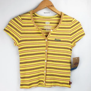 DICKIES Yellow Ribbed Striped Button-Front Crop Juniors Baby Tee T-Shirt [S/M/L] - Picture 1 of 9