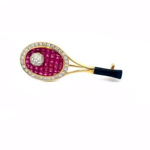 Brooch Pin Tennis Racket Diamond Yellow Gold 18k Rubies & Onyx