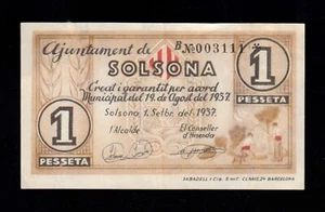 F.C. SOLSONA (LÉRIDA) , 1 PESSETA 1937 , SERIE B , MBC , RESTOS DE ADHESIVO . - Imagen 1 de 2