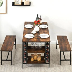 3 Piece Kitchen Dining Table Set for 4 with 2 Benches&Wine Rack Rustic Brown - Picture 1 of 7