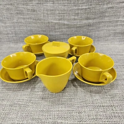Vtg. Allied Chemical MCM Mustard Color Melamine  10 pc Coffee Set Sugar Creamer - Image 1 of 4