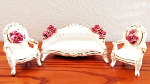Vintage Miniature Ceramic White Sofa + 2 Chairs with Pink Floral/Gold Trim - Picture 1 of 13