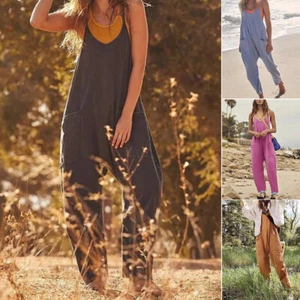 Womens Strappy Overalls Bib Pants Ladies Casual Loose Jumpsuit Romper Bodysuit - Picture 1 of 20
