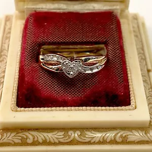 Anello vintage in oro giallo massiccio 10 kt con cuore e diamanti naturali misura 7,5 - Foto 1 di 9