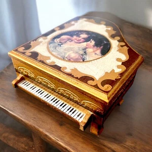 Florentine Piano Jewelry Box Music Box Cherub Art Red Velvet Lining Vintage - Picture 1 of 9