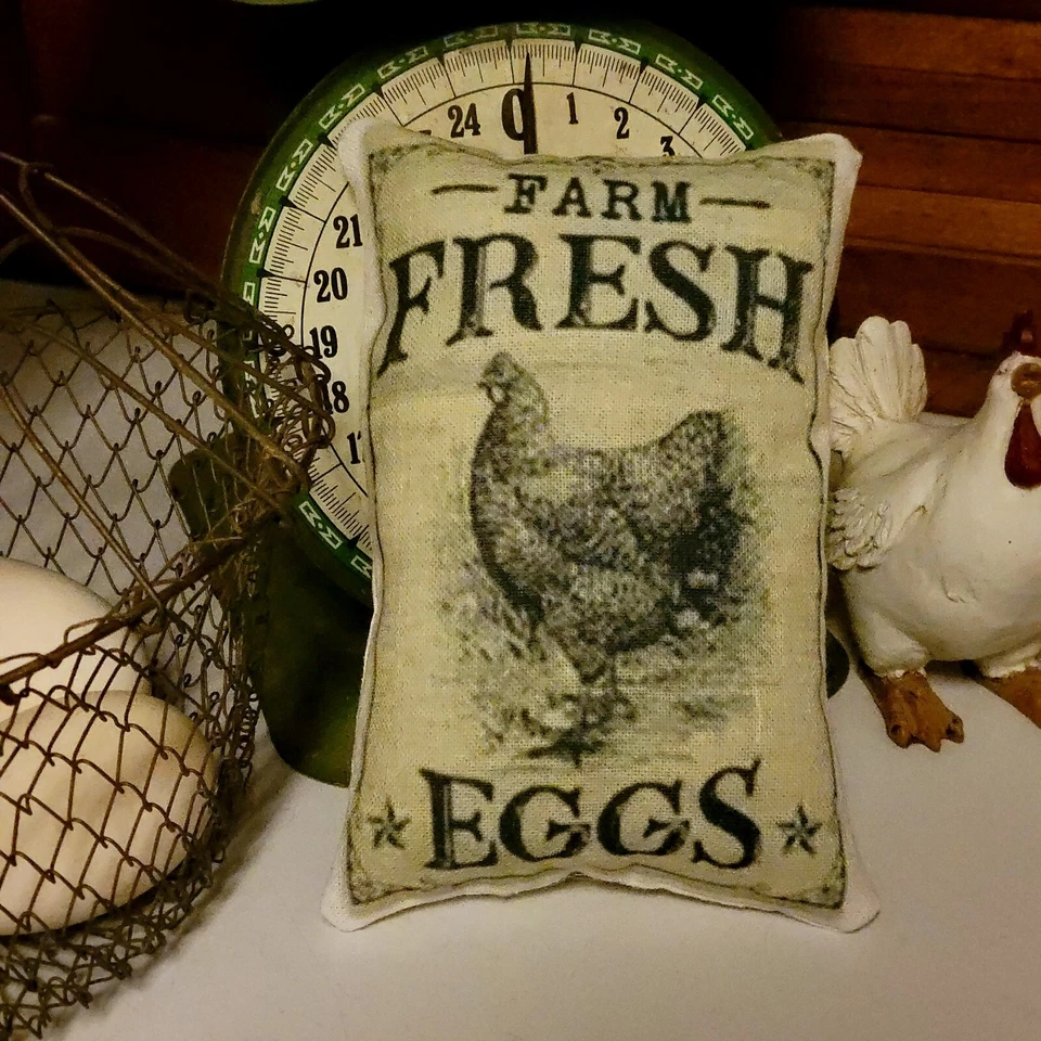 New Primitive Farmhouse Farm Fresh Eggs Hen Tuck Pillow Peg / Door Hanger